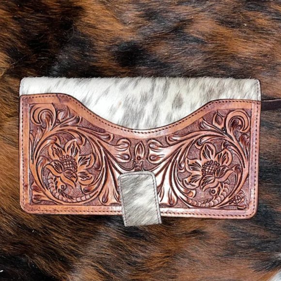 NWT New American Darling Large Tooled Hair On Hide Leather Wallet Women Bag